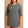 Plus size midi obleka s pepita potiskom, temno modra