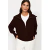 Trendyol Dark Brown Wide Pattern Turn-down Collar Zippered Knitwear Cardigan