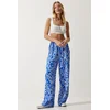 Happiness Istanbul Womens Blue and White Patterned Flowing Viscose Palazzo Trousers