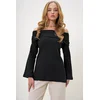 Trend Alaçati Stili Womens Black Madonna Collar Interlock Fabric Blouse