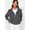Trendyol Anthracite Zippered Turndown Collar Knitwear Cardigan