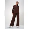 Trend Alaçati Stili Womens Brown Polo Collar Zippered Jacket and Trousers Set
