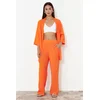 Trendyol Orange Relaxed/Comfortable Cut Kimono Knitted Top and Bottom Set