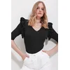 Trend Alaçati Stili Womens Black V-Neck Frilly Knitwear Blouse