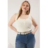 Trendyol Curve Ecru Pool Collar Button Detail Ribbed Knit Plus Size Athlete