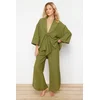 Trendyol Khaki Woven Tie Linen Blend Shirt Trouser Suit