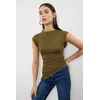 Trendyol Khaki High Collar Short Sleeve Gather/Drape Detailed Asymmetrical Knitted Blouse