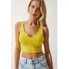 Happiness Istanbul Womens Yellow Strap Crop Knitted Blouse