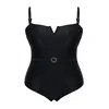 Trendyol Curve Black Square Neck V Neck Detail Beli Belted Plus Size Swimsuit