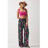 Happiness Istanbul Womens Dark Green Fuchsia Patterned Flowing Viscose Palazzo Trousers