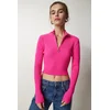 Happiness Istanbul Womens Pink Zipper Ribbed Crop Knitwear Sweater