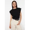 Trendyol Black 100% Cotton Button Detailed Wadding Look Basic Crew Neck Knitted T-Shirt