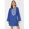 Trendyol Blue Mini Woven Embroidered 100% Cotton Beach Dress