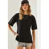 Bianco Lucci Womens Side Slit Sleeve Folding Detailed Crew Neck Short Sleeve Basic T-Shirt
