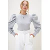 Trend Alaçati Stili Womens Gray Crew Neck Drop Neck Princess Sleeve Knitwear Blouse