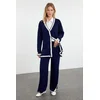 Trendyol Navy Blue Color Blocked Knitwear Cardigan Trousers Bottom-Top Set