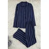Trendyol Navy Blue Striped Slit Detailed Viscose Shirt-Pants Woven Pajama Set