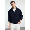 Trendyol Navy Blue Oversize/Wide Cut Stand Collar Sweatshirt with Labeled Fleece Inside