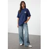 Trendyol Navy Blue 100% Cotton Front and Back Printed Oversize/Relaxed Cut Knitted T-Shirt