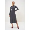Trend Alaçati Stili Womens Anthracite Polo Collar Half Placket Side Slit Interlock Fabric Dress