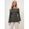 Trend Alaçati Stili Womens Khaki Madonna Collar Interlock Fabric Blouse