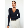 Trendyol Navy Blue Knitted Deep V Neck Studded Bodysuit