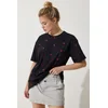 Happiness Istanbul Womens Black Heart 100% Cotton Oversize Long Knitted T-Shirt