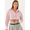 Bianco Lucci Womens Asymmetric Striped Cuff Detail Crop Shirt 4451