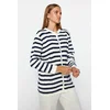 Trendyol Ecru Navy Blue Striped Gold Button Detailed Soft Textured Knitwear Cardigan