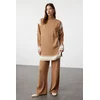 Trendyol Camel Relaxed Cut Knitwear Striped Tunic-Pants Bottom-Top Set