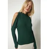 Happiness Istanbul Womens Emerald Green Stand-Up Collar Knitwear Blouse with Decollete
