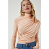 Happiness Istanbul Womens Peach Gathered Detailed High Neck Sandy Blouse
