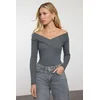 Trendyol Dark Gray Snap-On Carmen Collar Ribbed Stretchy Knitted Bodysuit
