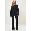 Trend Alaçati Stili Womens Black Boat Neck Camisole Oversize Blouse and Bell-bottom Trouser Set