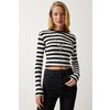 Happiness Istanbul Womens Black and White Detachable Necklace Striped Crop Knitted Blouse