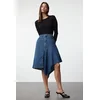 Trendyol Blue Stitching Detailed Asymmetrical High Waist Midi Denim Skirt