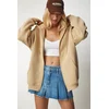 Happiness Istanbul Womens Camel Hooded Zipper Oversize Sweatshirt