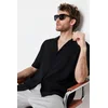 Trendyol Black Black Oversize Fit Summer Short Sleeve Linen Look Shirt Shirt