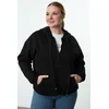 Trendyol Curve Black Hooded Plus Size Knitted Sweatshirt with Fleece Inside and Zipper on the Front