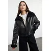 Trendyol Brown Oversize Molded Plush Detail Biker Jacket Coat