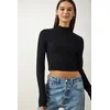 Happiness Istanbul Womens Black Turtleneck Corded Crop Knitted Blouse