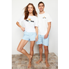 Trendyol Womens Couple/Pair White-Multicolor 100% Cotton Striped Knitted Pajamas Set