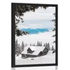 Plakat lesena hiška pri zasneženih borovcih - 30x45 black