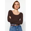 Trendyol Brown Square Collar Long Sleeved Corduroy Stretchy Knitted Bodysuit