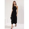 Trendyol Black Plain Maxi Stand Collar Pleated Skater/Waist Open Knit Dress