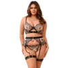 Black Sexy Mesh Embroidery Lace Garter Bra Set L