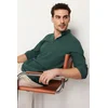 Trendyol Dark Green Slim Fit Half Plaid Large Collar 100% Cotton Shirt