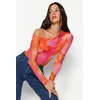 Trendyol Pink Patterned Tulle Transparent Back Fitted/Sleeping Flexible Knitted Body with Snap fastener