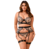 Black Sexy Mesh Embroidery Lace Garter Bra Set S