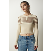 Happiness Istanbul Womens Cream Brown Buttoned Collar Ribbed Crop Knitwear Blouse